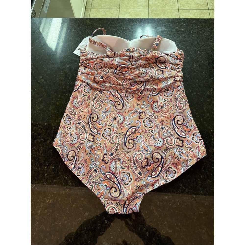 New Lands End Swimsuit Women's Sz 12 Paisley Print Shelf Bra Ruching Slimming - Picture 6 of 10